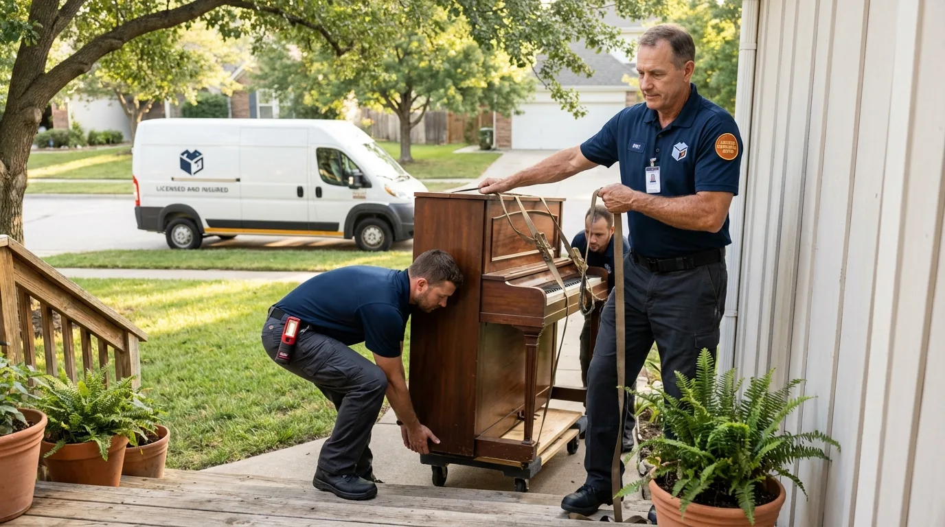 Licensed piano movers securing grand piano in Stow, OH