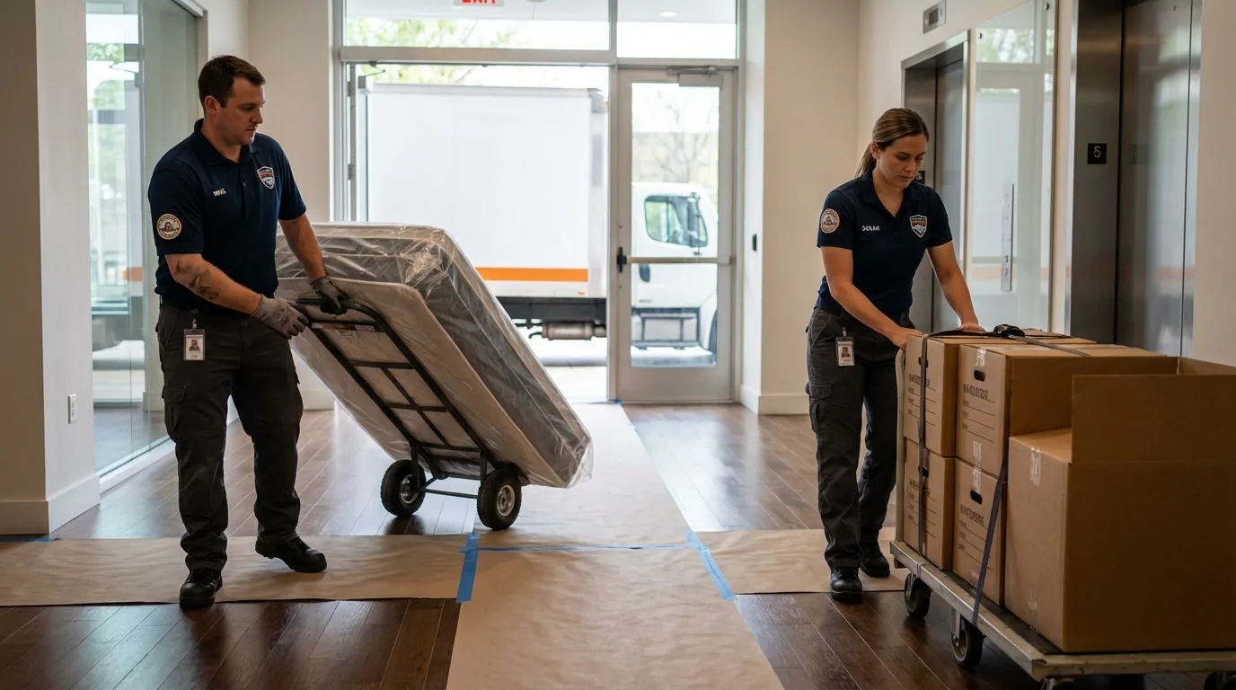 Professional apartment movers loading elevator in Stow, OH