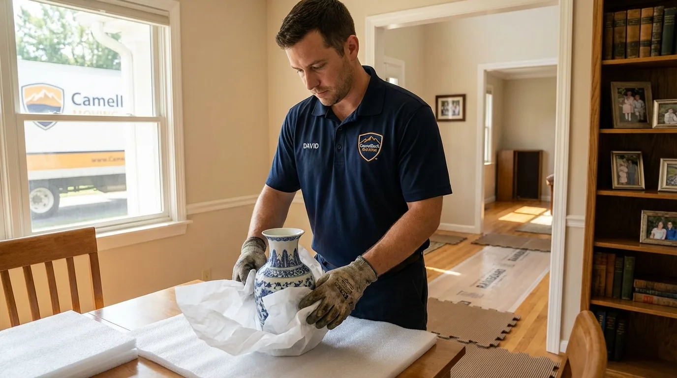 Professional crew carefully wrapping antique vase for senior downsizing move in Stow, OH