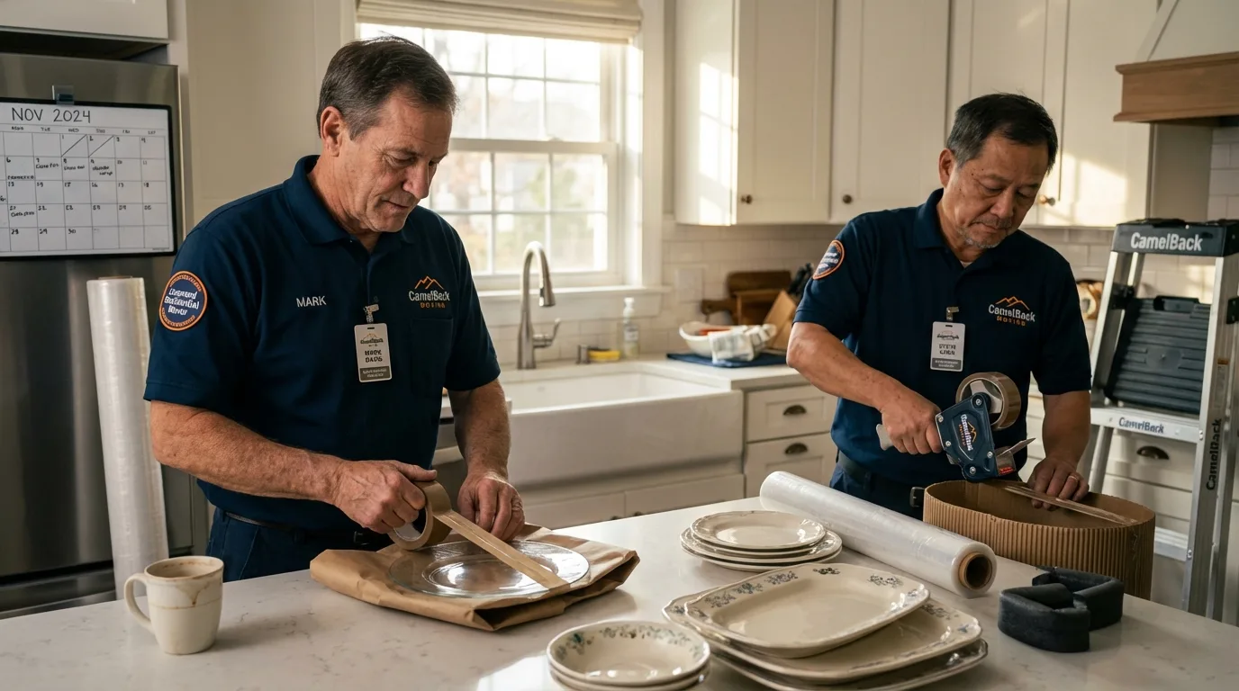Professional crew packing kitchen dishware in Stow, OH